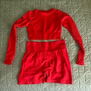 Red Long Sleeve Crop Top and Shorts Set